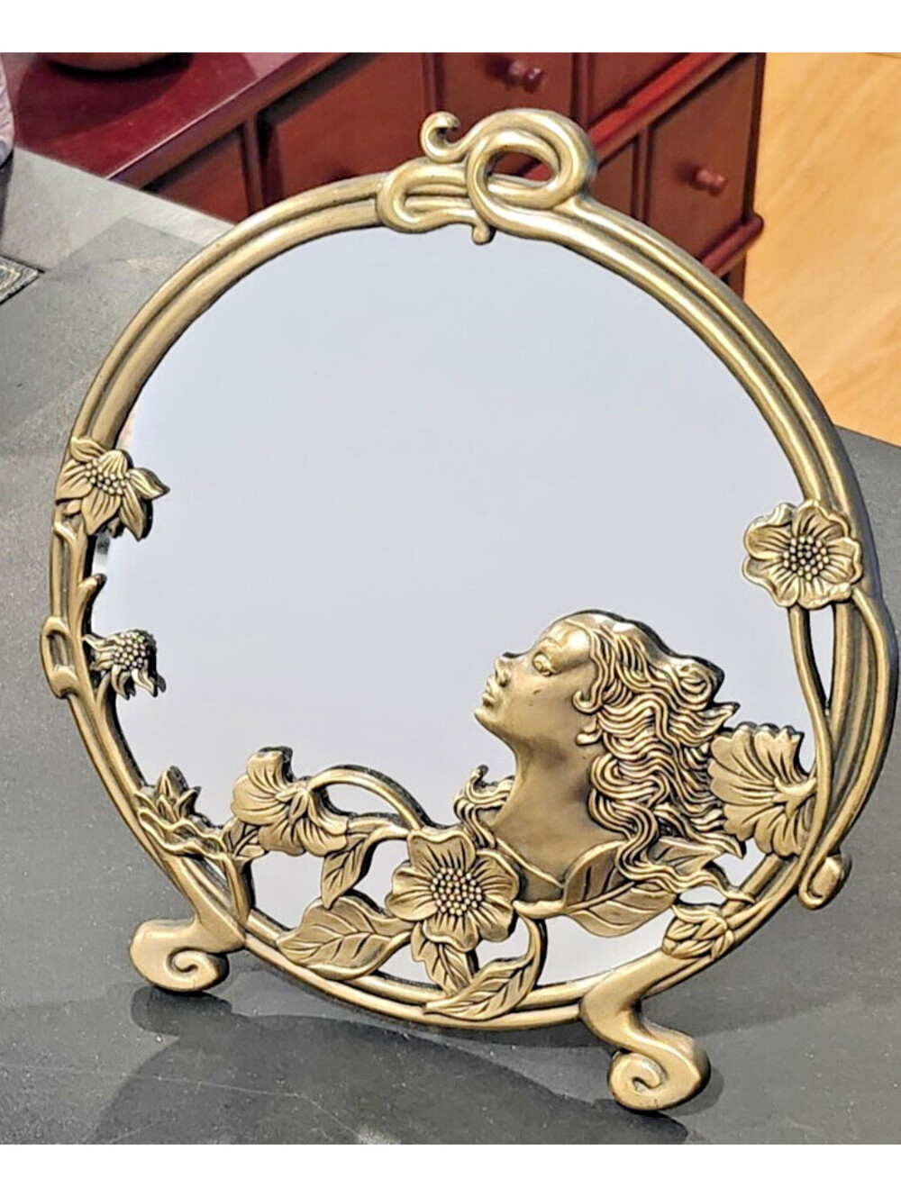 Vintage Andrea by Sadek Brass Art Nouveau Tabletop Mirror Lady Flowers Vanity